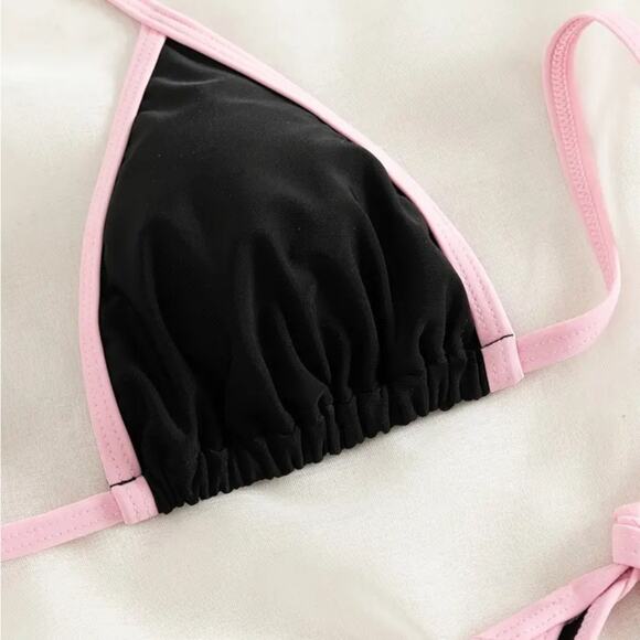 Black String Bikini Set w/Pink Contrast Trim Small - Picture 2 of 5